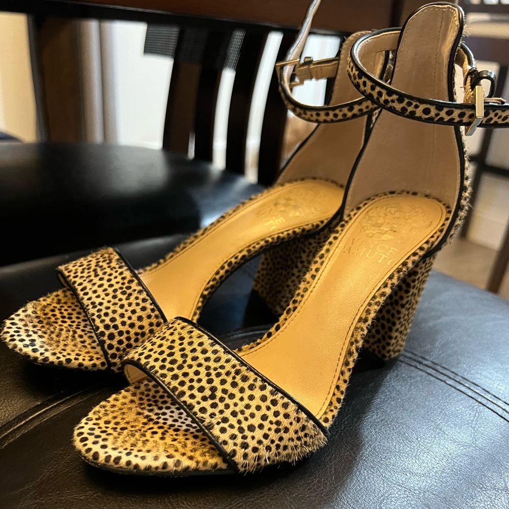 Vince Camuto leopard print ankle strap heels